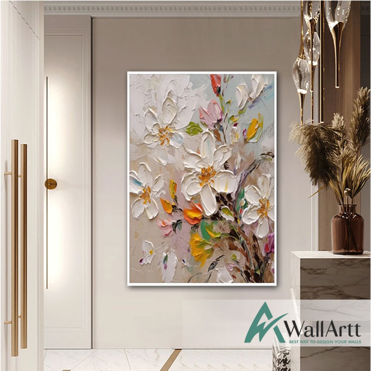 Flowers with Colorful Leaves IV 3d Heavy Textured Partial Oil Painting